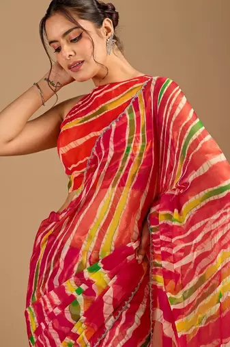 Multicolor leheriya beads and stones poly chiffon handloom saree
