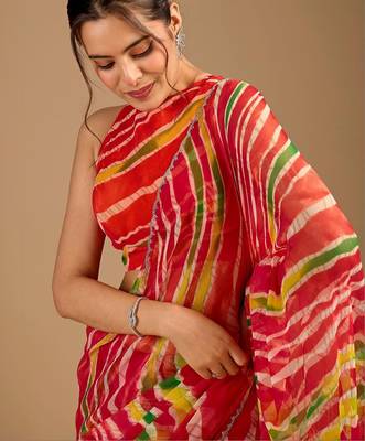Multicolor leheriya beads and stones poly chiffon handloom saree 3