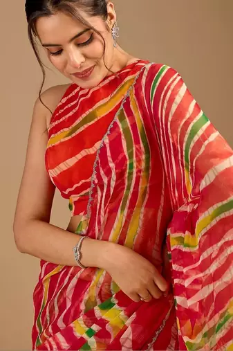 Multicolor leheriya beads and stones poly chiffon handloom saree