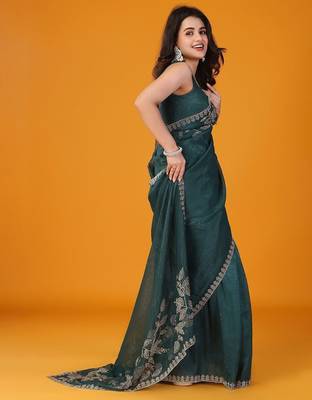 Green floral embroidered saree with unstitched blouse 1
