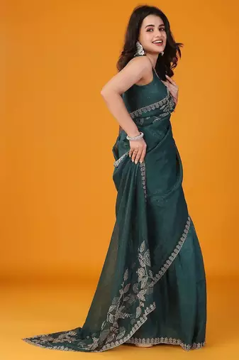 Green floral embroidered saree with unstitched blouse