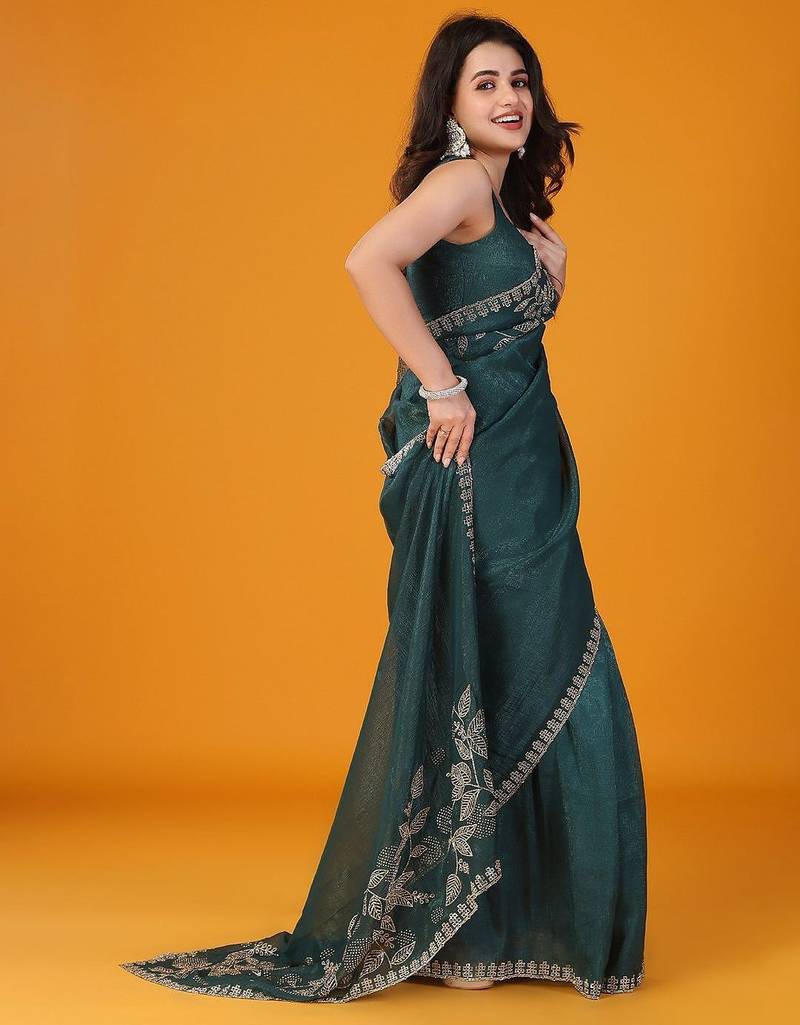 Green floral embroidered saree with unstitched blouse