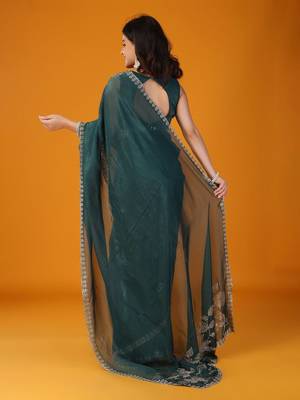 Green floral embroidered saree with unstitched blouse 2