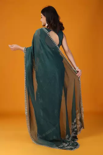 Green floral embroidered saree with unstitched blouse