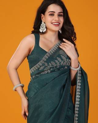 Green floral embroidered saree with unstitched blouse 3