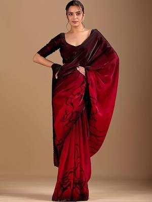 Maroon floral beads and stones organza saree 1