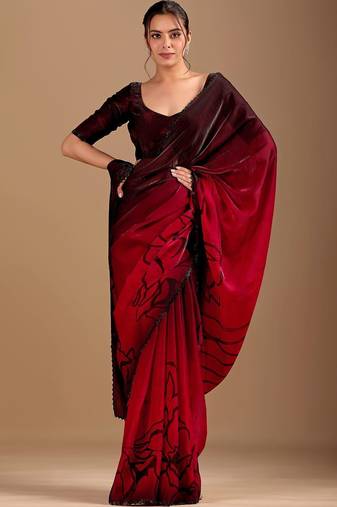Maroon floral beads and stones organza saree