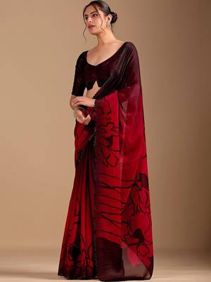 Maroon floral beads and stones organza saree 2
