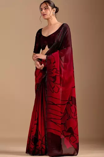 Maroon floral beads and stones organza saree