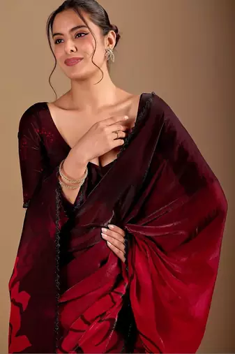 Maroon floral beads and stones organza saree