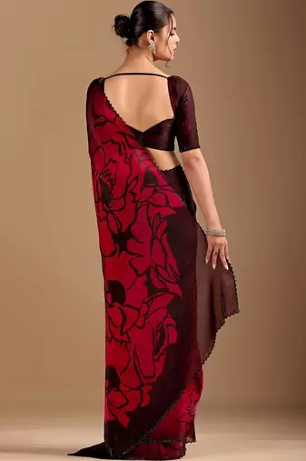 Maroon floral beads and stones organza saree