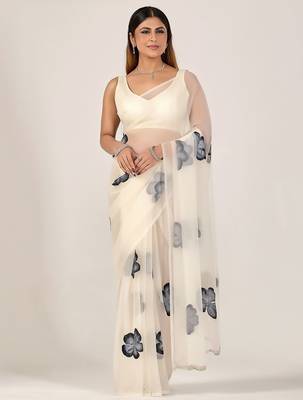Off white floral beads and stones poly chiffon designer saree 1