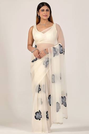 Off white floral beads and stones poly chiffon designer saree
