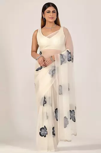 Off white floral beads and stones poly chiffon designer saree