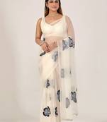 Off white floral beads and stones poly chiffon designer saree