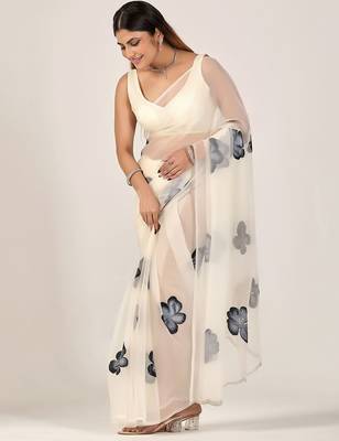 Off white floral beads and stones poly chiffon designer saree 2