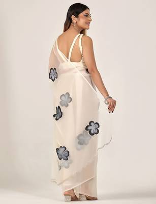 Off white floral beads and stones poly chiffon designer saree 3