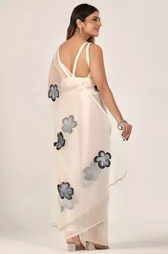 Off white floral beads and stones poly chiffon designer saree