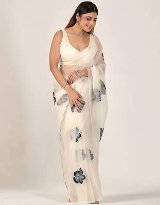 Off white floral beads and stones poly chiffon designer saree 4