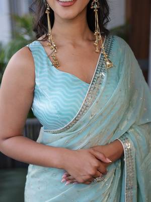 Turquoise sequinned silk cotton saree 2