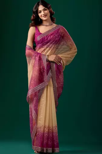 Pink floral beads and stones tissue saree