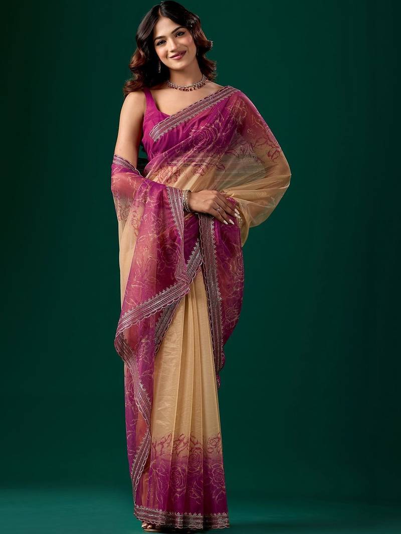 Pink floral beads and stones tissue saree