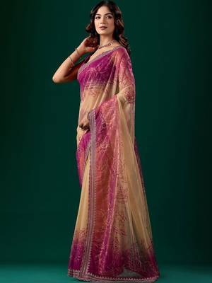 Pink floral beads and stones tissue saree 2