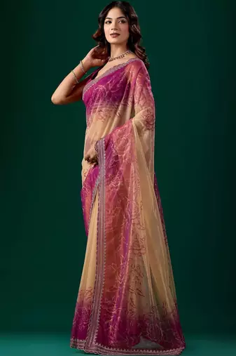 Pink floral beads and stones tissue saree
