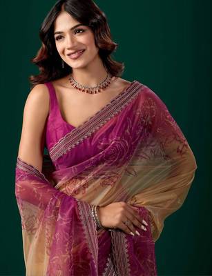 Pink floral beads and stones tissue saree 3