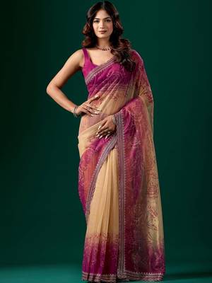 Pink floral beads and stones tissue saree 4