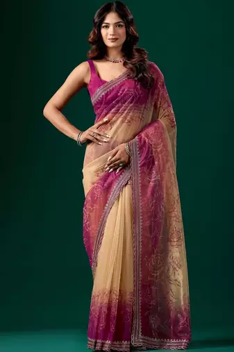Pink floral beads and stones tissue saree