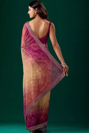 Pink floral beads and stones tissue saree