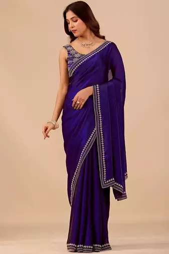Navy blue embellished embroidered organza heavy work saree