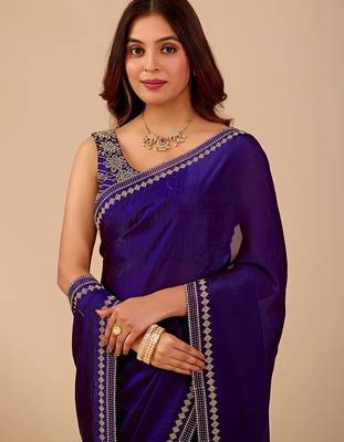 Navy blue embellished embroidered organza heavy work saree 2