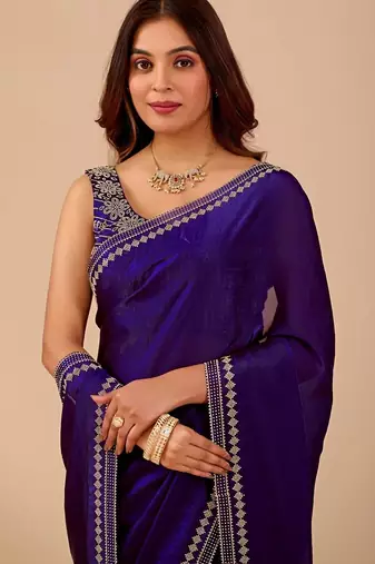 Navy blue embellished embroidered organza heavy work saree