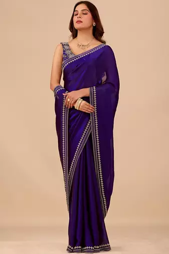 Navy blue embellished embroidered organza heavy work saree