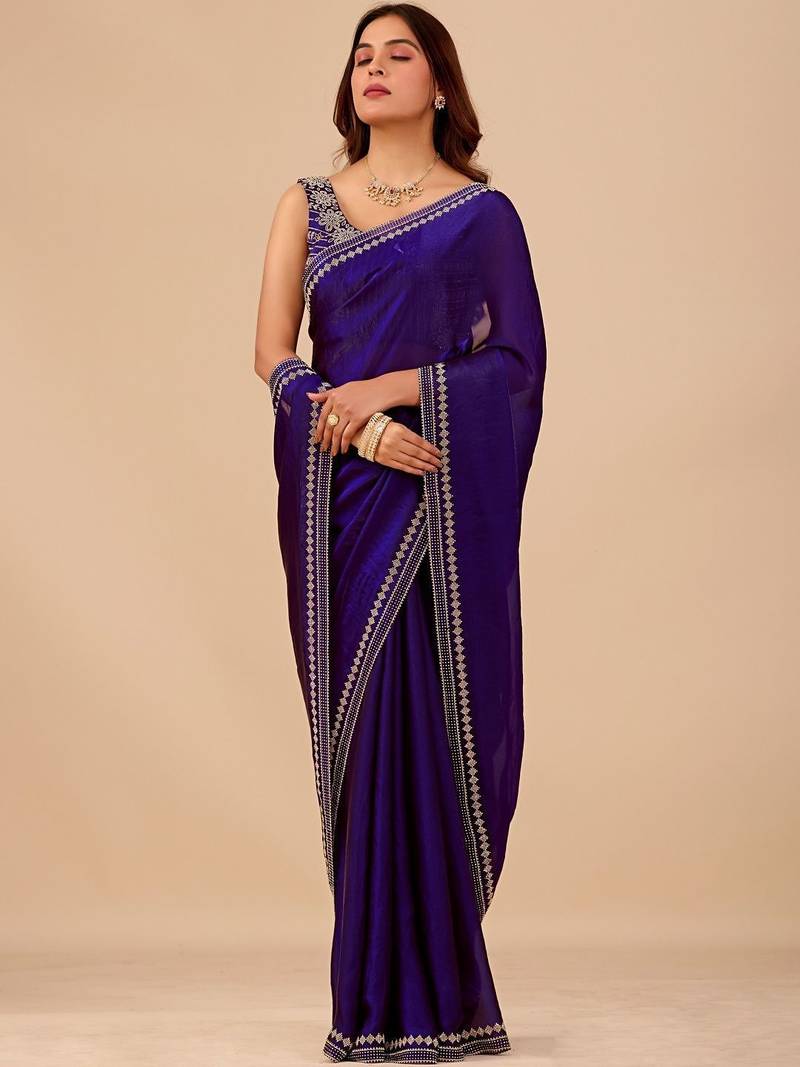 Navy blue embellished embroidered organza heavy work saree