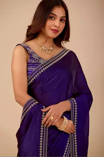 Navy blue embellished embroidered organza heavy work saree