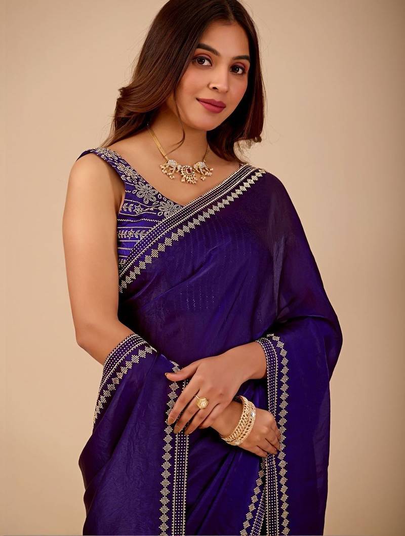 Navy blue embellished embroidered organza heavy work saree