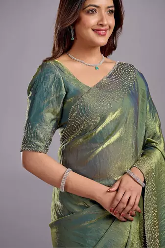 Green embellished sequinned organza heavy work saree