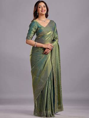 Green embellished sequinned organza heavy work saree 3