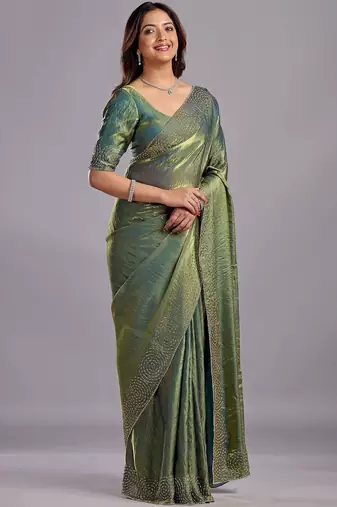 Green embellished sequinned organza heavy work saree
