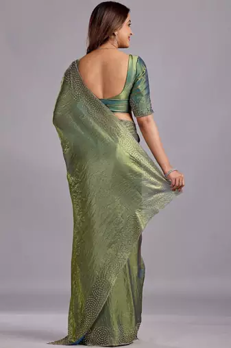 Green embellished sequinned organza heavy work saree