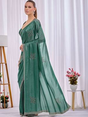 Teal beads and stones heavy work saree 2