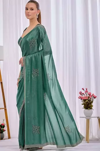 Teal beads and stones heavy work saree