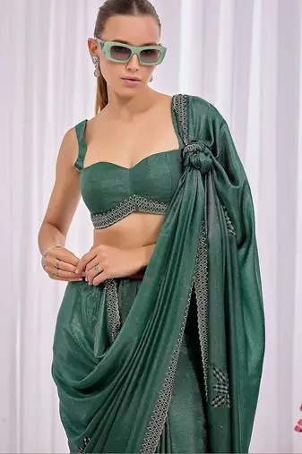 Teal beads and stones heavy work saree