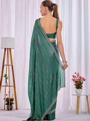 Teal beads and stones heavy work saree 5
