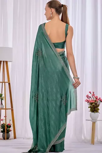 Teal beads and stones heavy work saree