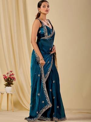 Teal ethnic motifs embroidered organza saree 3