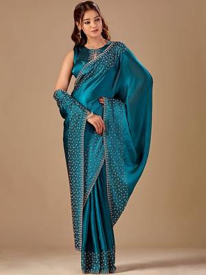 Teal embellished beads and stones organza heavy work saree 1